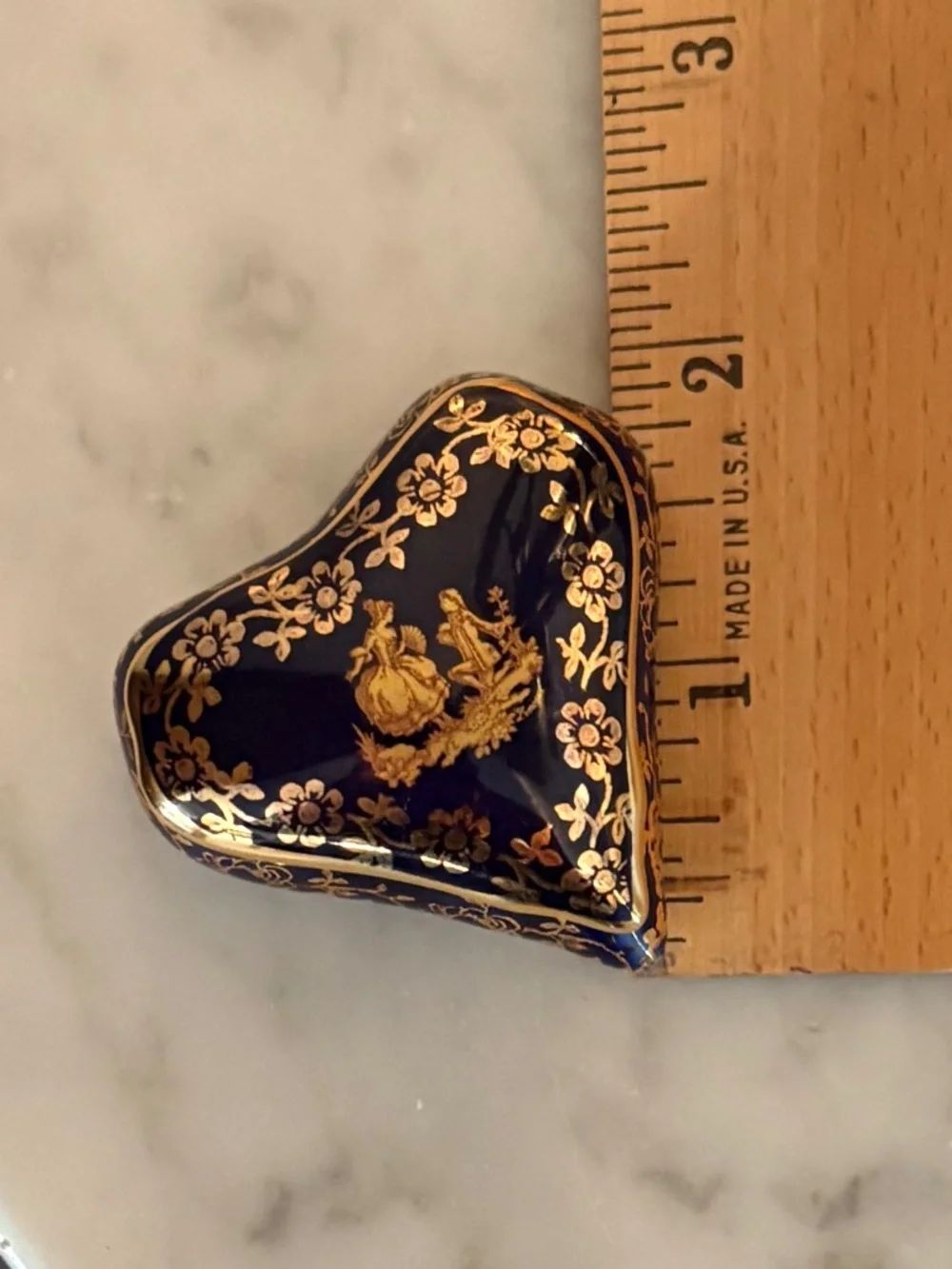 Vintage Limoges France Courting Couple Heart Shaped Cobalt Blue Trinket Box